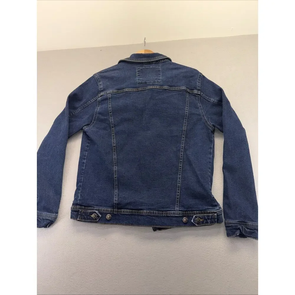 Zara Man Denim Jacket Mens Large Dark Wash Stretch Trucker Button Front Blue